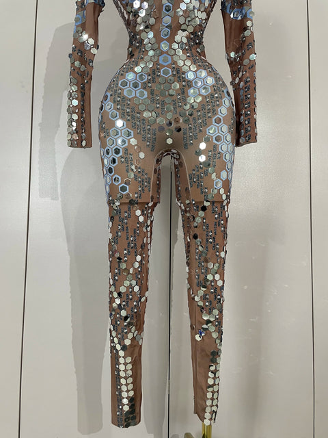 Sexy Shiny Silver Sequins Mirror Black Spandex Jumpsuit 2025 Women Prom Dancer Singer Costume Evening Birthday Show Stage Outfit