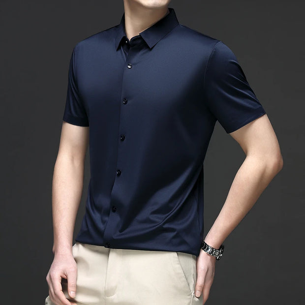 New Men's Business Casual Solid Color Short Sleeved Shirt for Summer Fashion No Ironing Comfortable and Versatile Top