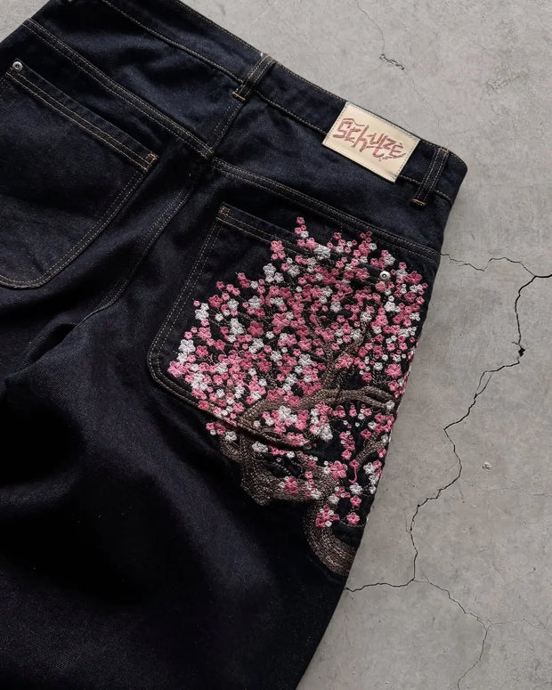 Y2k Vintage Baggy Cherry Blossom Knight Embroidery Jeans Fashion Men Women Streetwear Straight Wide Leg Patchwork Denim Pants