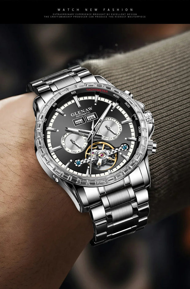 2025 Year Month Sunday Multi-functional Mechanical Watch GLENAW Watch Diamond Circle Stainless Steel Waterproof Luminous Watches