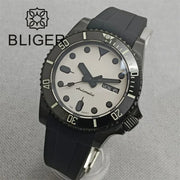 BLIGER 40mm 3.8 O'clock Crown Watch For Men NH36 Movement Week-day Display Function Full Black PVD Case Rubber Strap Waterproof