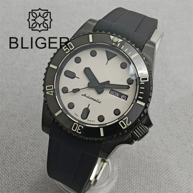 BLIGER 40mm 3.8 O'clock Crown Watch For Men NH36 Movement Week-day Display Function Full Black PVD Case Rubber Strap Waterproof