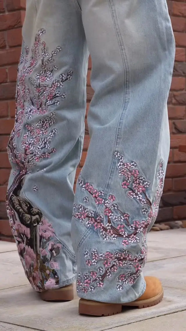 Y2k Vintage Baggy Cherry Blossom Knight Embroidery Jeans Fashion Men Women Streetwear Straight Wide Leg Patchwork Denim Pants