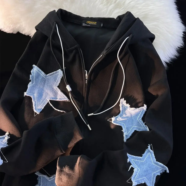 Streetwear Hoodies Women Stars Print Fashion Oversized Outwear Harajuku Casual Hooded Zipper Sweatshirt Jacket Korean Y2k Tops
