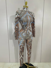 Sexy Shiny Silver Sequins Mirror Black Spandex Jumpsuit 2025 Women Prom Dancer Singer Costume Evening Birthday Show Stage Outfit