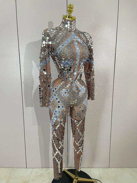 Sexy Shiny Silver Sequins Mirror Black Spandex Jumpsuit 2025 Women Prom Dancer Singer Costume Evening Birthday Show Stage Outfit