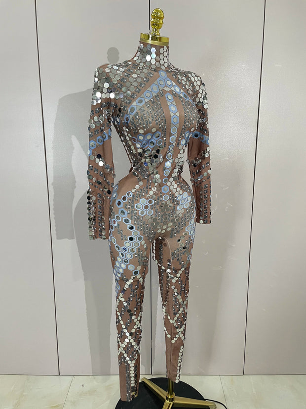 Sexy Shiny Silver Sequins Mirror Black Spandex Jumpsuit 2025 Women Prom Dancer Singer Costume Evening Birthday Show Stage Outfit