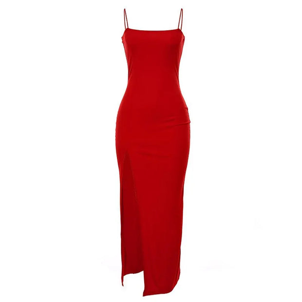 Summer Elegant Summer Women Spaghetti Strap Sleeveless Sexy Backless Split  Bodycon Solid Party Evening Maxi Dresses