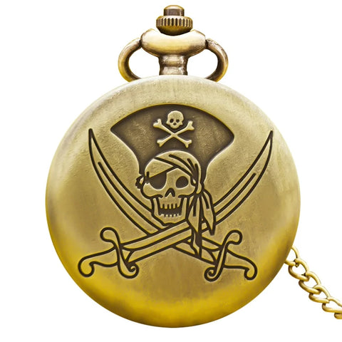 Vintage Bronze Large Pirate Skull Carved Necklace Quartz Pocket Watch Handsome Gift For Both Men And Women