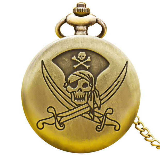 Vintage Bronze Large Pirate Skull Carved Necklace Quartz Pocket Watch Handsome Gift For Both Men And Women