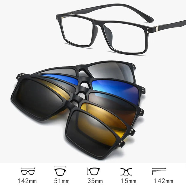 HDCRAFTER 6 In 1 Magnet Polarized Clip Glasses Frame Men TR90 Optical Myopia Clip Glasses For Men Prescription Eyeglasses Frame