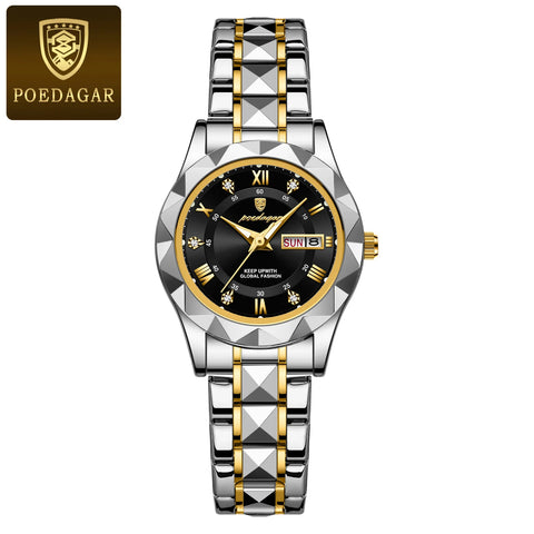 POEDAGAR Luxury Quartz Watch for Ladies Waterproof Luminous Date Week Stainless Steel Women Watches Elegant Dress WristWatch+box