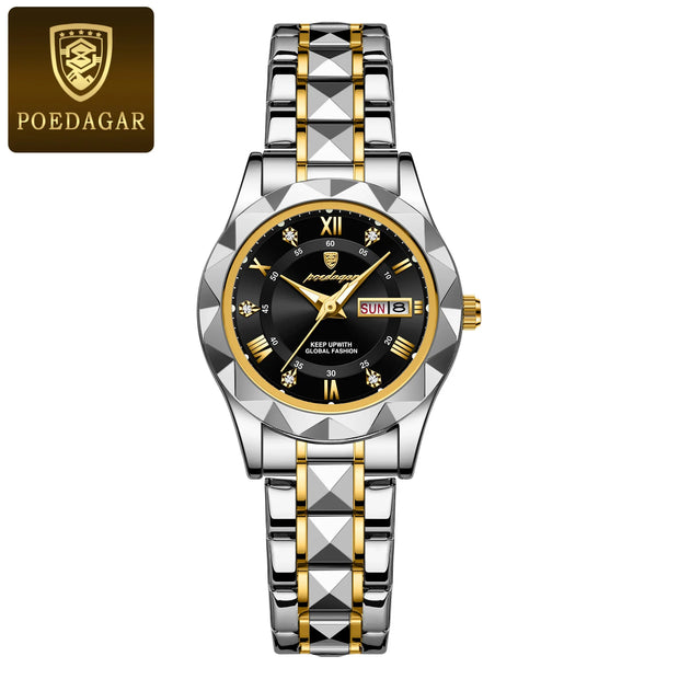POEDAGAR Luxury Quartz Watch for Ladies Waterproof Luminous Date Week Stainless Steel Women Watches Elegant Dress WristWatch+box