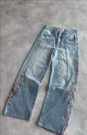 Y2k Vintage Baggy Cherry Blossom Knight Embroidery Jeans Fashion Men Women Streetwear Straight Wide Leg Patchwork Denim Pants