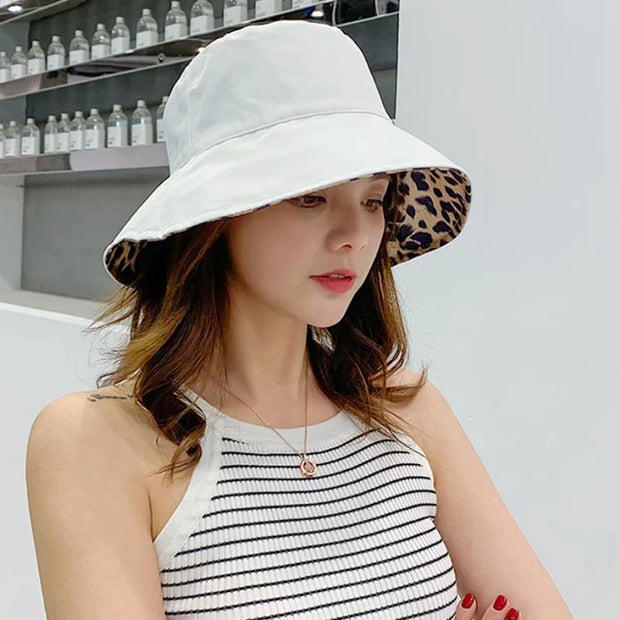Leopard Reversible Bucket Hat Women Beach Panama Sun Hats Outdoor Wedding Party Summer Travel Caps Breathable Cotton Chapeau