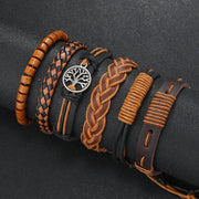 Punk Casual Bead6 Pc/set Tree Black Khaki Handmade Men Bracelets Male Women Leather Bracelets Men Bangle Wholesale Jewelry Gift