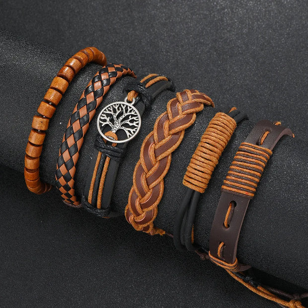 Punk Casual Bead6 Pc/set Tree Black Khaki Handmade Men Bracelets Male Women Leather Bracelets Men Bangle Wholesale Jewelry Gift