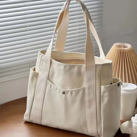 Canvas Commuter Women's Bag Large Capacity Multi Outer Pocket Zip Shoulder Bag Student Shopping Tote Bag