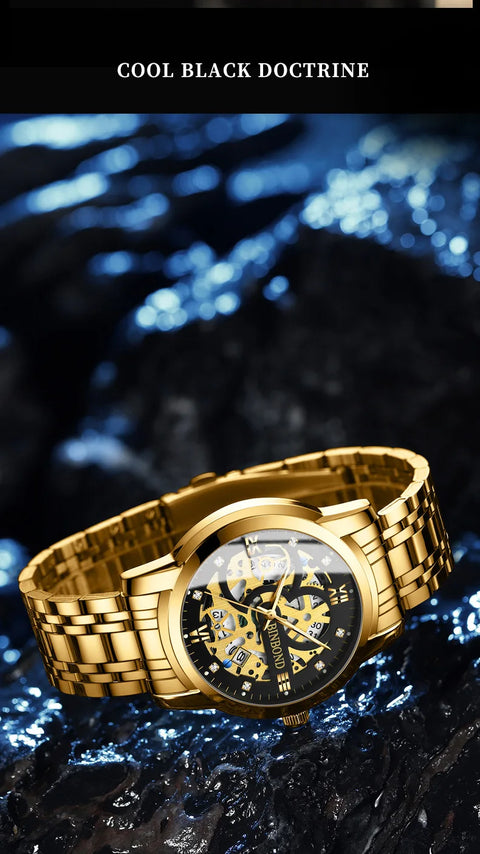 BINBOND Business New Automatic Non-Mechanical Quartz Watches 30M Waterproof Luminous Tourbillon Trendy Hollow Design Men Watches