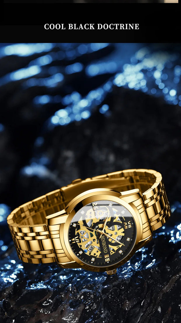 BINBOND Business New Automatic Non-Mechanical Quartz Watches 30M Waterproof Luminous Tourbillon Trendy Hollow Design Men Watches