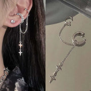 Shiny Silver Color Crystal Cross Star Tassel Ear Clip for Women Trendy Rhinestone Long Fake Cartilage Piercing Ear Cuff Jewelry