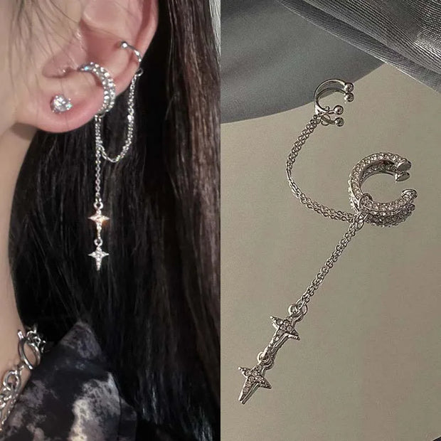 Shiny Silver Color Crystal Cross Star Tassel Ear Clip for Women Trendy Rhinestone Long Fake Cartilage Piercing Ear Cuff Jewelry