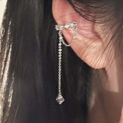 Shiny Silver Color Crystal Cross Star Tassel Ear Clip for Women Trendy Rhinestone Long Fake Cartilage Piercing Ear Cuff Jewelry