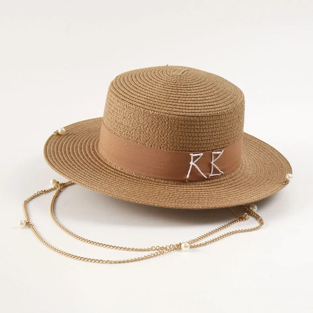 Fashionable Metal Letter Straw Hats for Women Men Summer Outdoor Holidays Beach Sun Hat Panama Hat