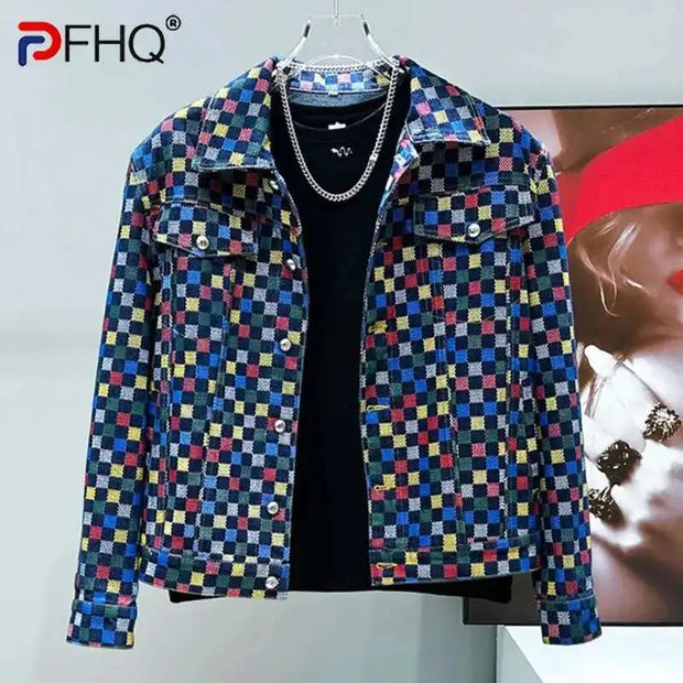 PFHQ Spring Shoulder Pad Short Men's Denim Jacket Design Versatile Turn-down Collar Contrast Color Male Tops 21E3316
