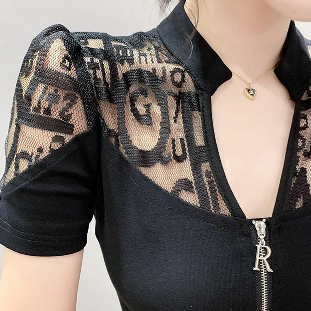 Summer European Clothes Sexy V Necks T-Shirt Women Embroidery Lace Front Zipper Slim Tops
