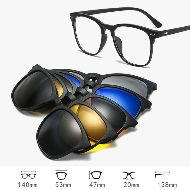 HDCRAFTER 6 In 1 Magnet Polarized Clip Glasses Frame Men TR90 Optical Myopia Clip Glasses For Men Prescription Eyeglasses Frame