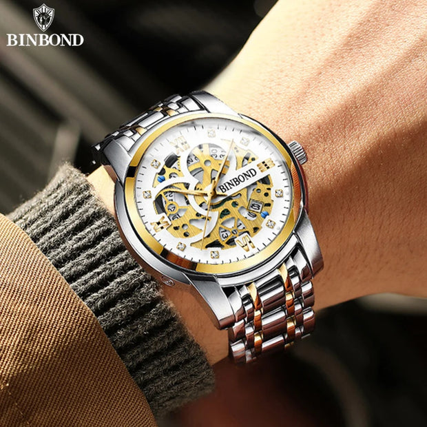 BINBOND Business New Automatic Non-Mechanical Quartz Watches 30M Waterproof Luminous Tourbillon Trendy Hollow Design Men Watches
