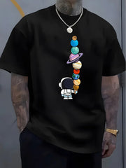 Men's Summer 100% Cotton Fashionable Casual Loose Polyester Astronaut Planet Pattern Printed Round Neck Short Sleeve T-shirt Top