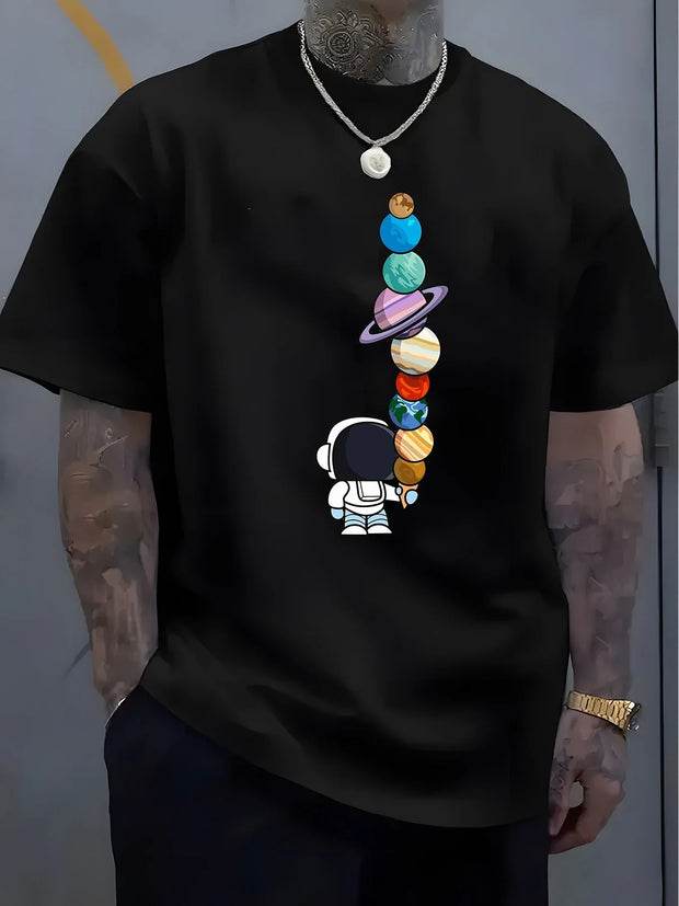 Men's Summer 100% Cotton Fashionable Casual Loose Polyester Astronaut Planet Pattern Printed Round Neck Short Sleeve T-shirt Top