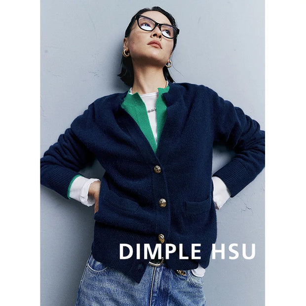 Autumn/Winter Knitted Loose Cardigan Jacket Pure Wool Sweater Temperament round Neck Slim Fit Long Sleeve Top for Women