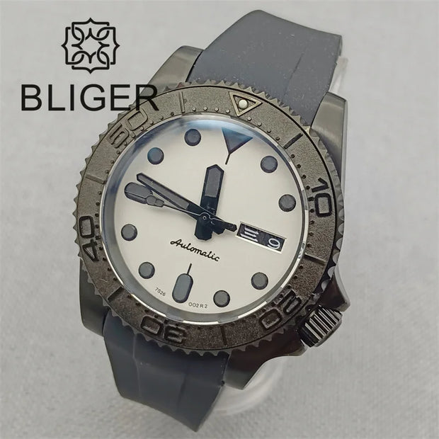 BLIGER 40mm 3.8 O'clock Crown Watch For Men NH36 Movement Week-day Display Function Full Black PVD Case Rubber Strap Waterproof