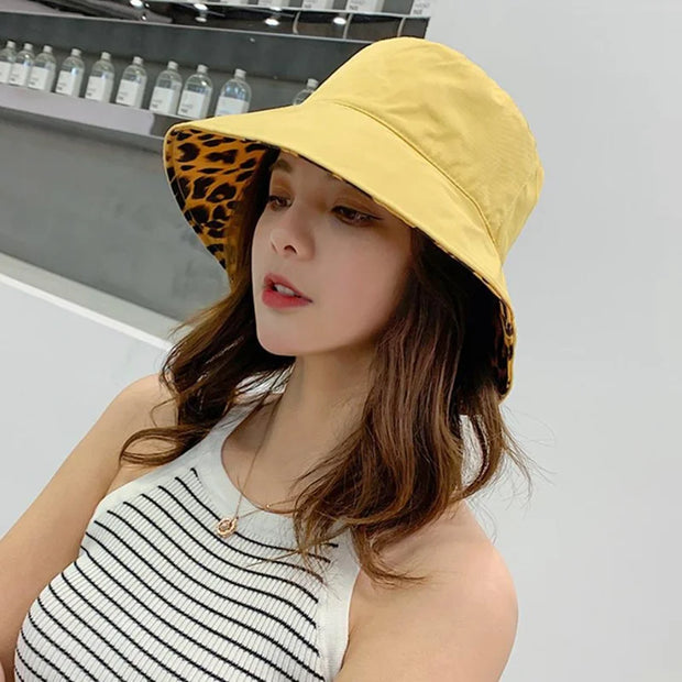 Leopard Reversible Bucket Hat Women Beach Panama Sun Hats Outdoor Wedding Party Summer Travel Caps Breathable Cotton Chapeau