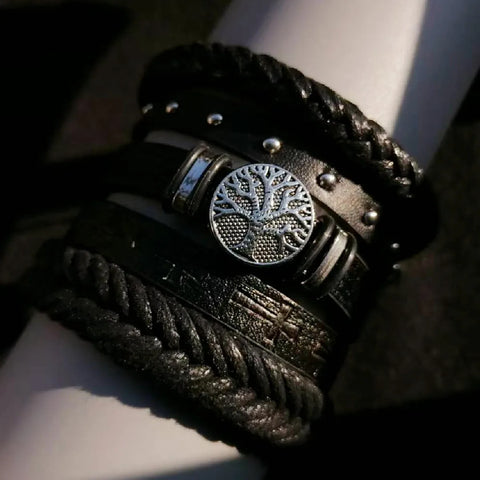 Punk Casual Bead6 Pc/set Tree Black Khaki Handmade Men Bracelets Male Women Leather Bracelets Men Bangle Wholesale Jewelry Gift