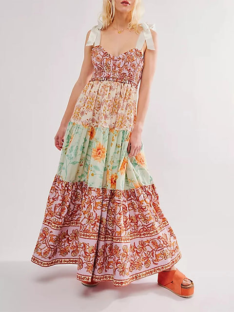Imcute Women Summer Dresses Flowy Smocked Maxi Dress Sleeveless Tie Shoulder Boho Dresses Y2K Floral Beach Sundresses