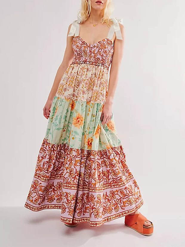 Imcute Women Summer Dresses Flowy Smocked Maxi Dress Sleeveless Tie Shoulder Boho Dresses Y2K Floral Beach Sundresses