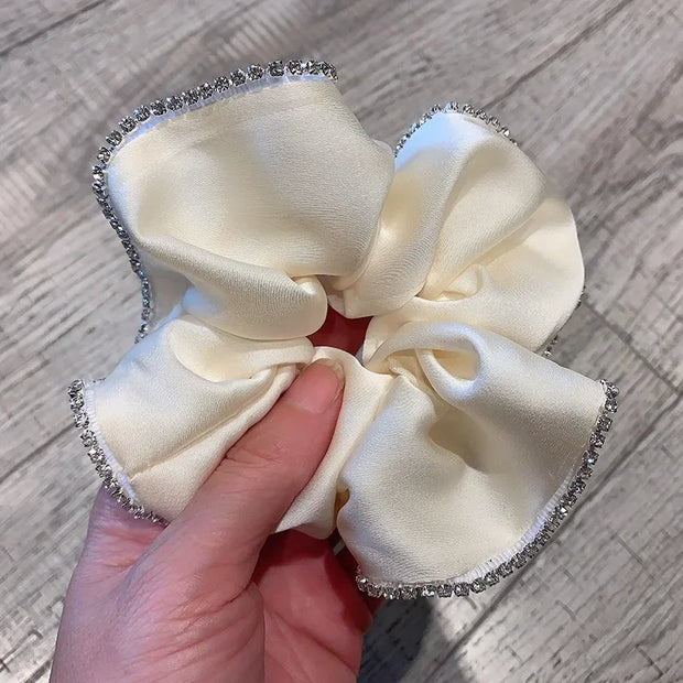 Elegant Solid Satin Scrunchies Elastic Hair Bands for Women Rhinestone Crystal Hairbands Korean Girls Head Tie Hair Accessories