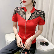 Summer European Clothes Sexy V Necks T-Shirt Women Embroidery Lace Front Zipper Slim Tops
