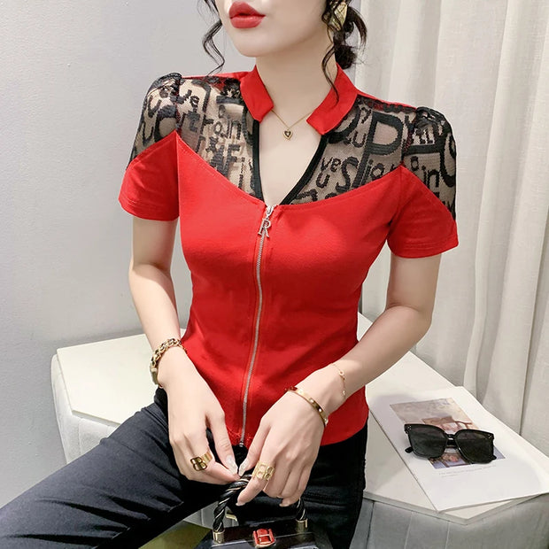 Summer European Clothes Sexy V Necks T-Shirt Women Embroidery Lace Front Zipper Slim Tops